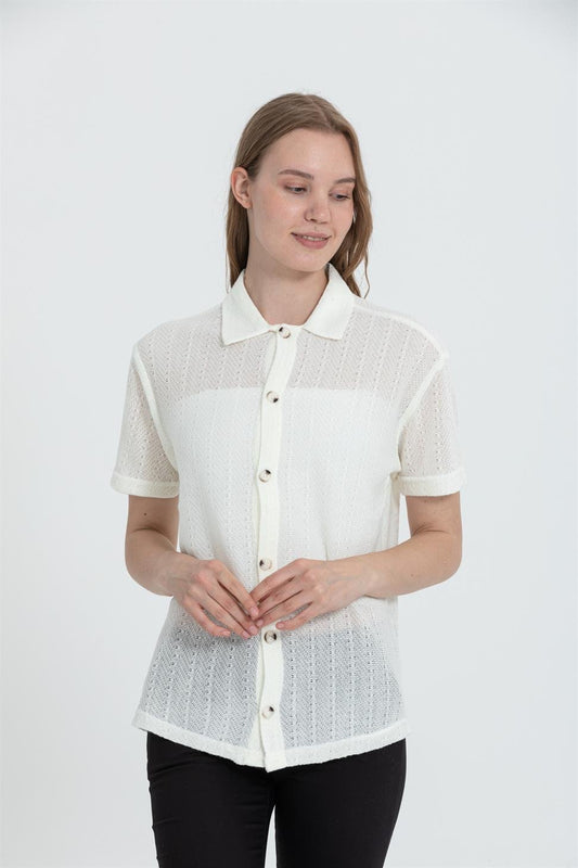 R-3926 Short-Sleeve Mesh-Knit Shirt with Jacket Collar