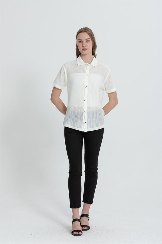 R-3926 Short-Sleeve Mesh-Knit Shirt with Jacket Collar