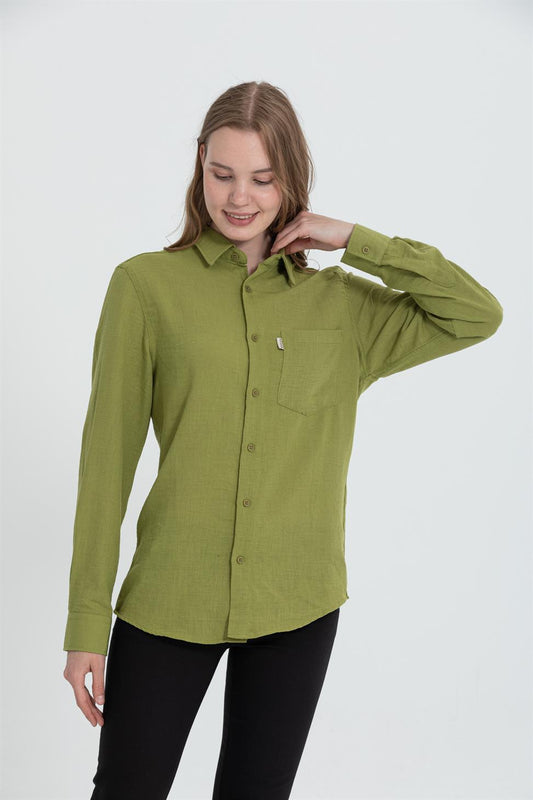 R-3935 Band Collar Long-Sleeve Shirt  Green Single Chest Pocket