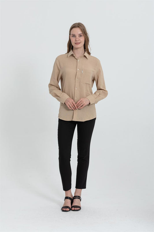 R-3935 Minimal Grandad-Collar Shirt  Taupe (Vizon) Single Pocket