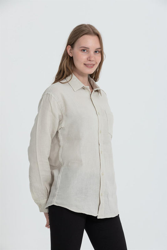 R-3935 Minimal Grandad-Collar Shirt  Beige Single Pocket