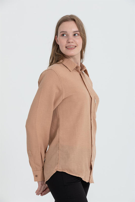 R-3935 Minimal Grandad-Collar Shirt  Camel Single Pocket