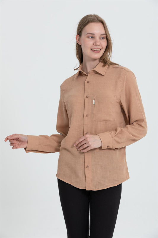 R-3935 Minimal Grandad-Collar Shirt  Camel Single Pocket