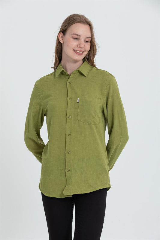 R-3935 Band Collar Long-Sleeve Shirt  Green Single Chest Pocket