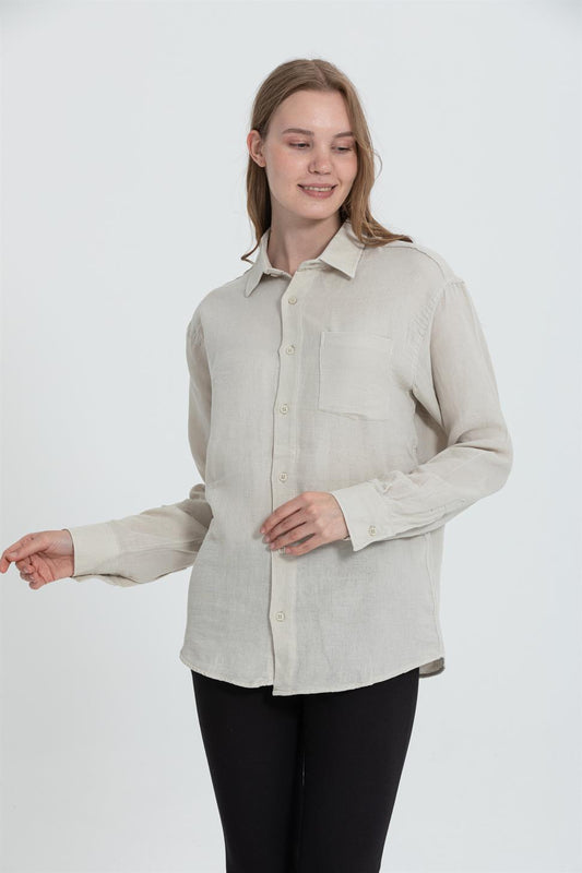 R-3935 Minimal Grandad-Collar Shirt  Beige Single Pocket