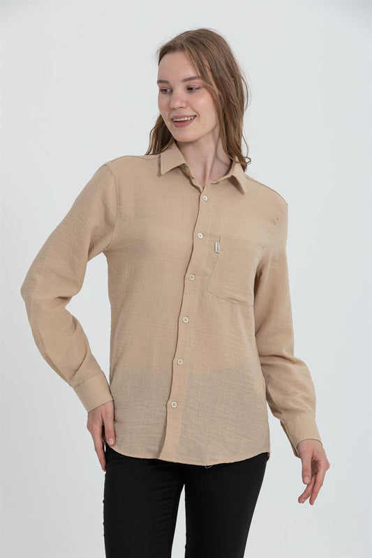 R-3935 Minimal Grandad-Collar Shirt  Taupe (Vizon) Single Pocket