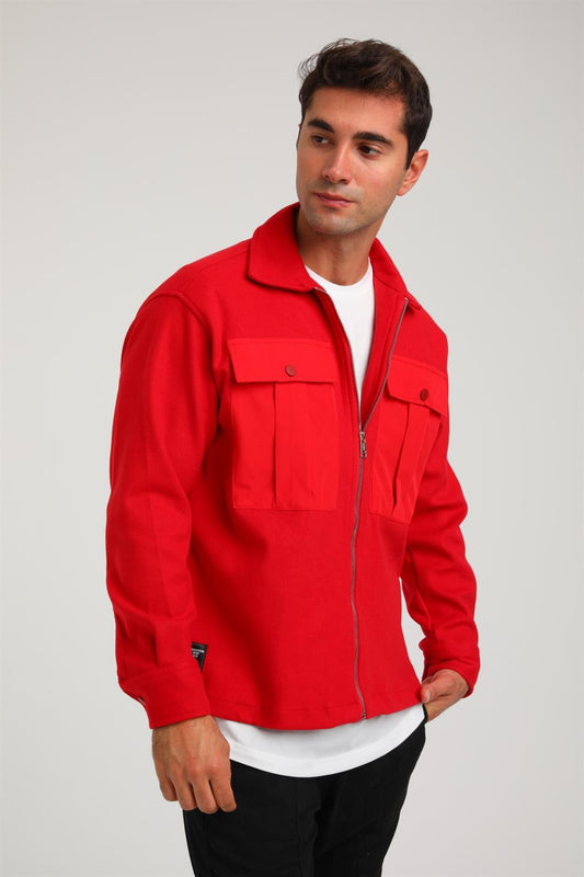 R-3947 Zip-Front Melton-Feel Jacket with Contrast Trim & Dual Pockets