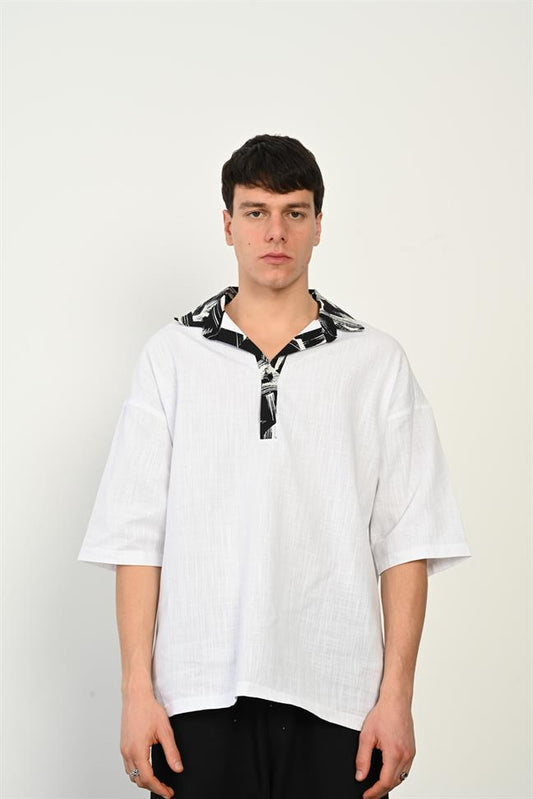 R-3953 Half-Placket Cotton-Linen Shirt with Contrast Trim
