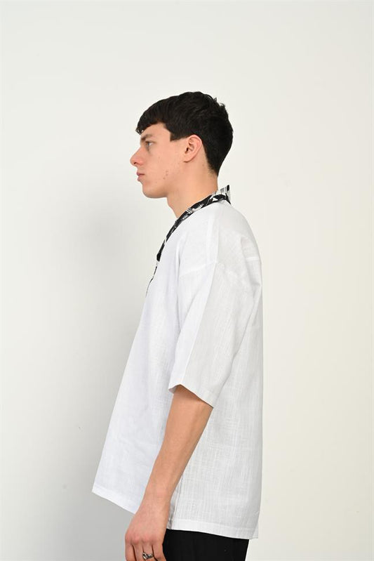 R-3953 Half-Placket Cotton-Linen Shirt with Contrast Trim