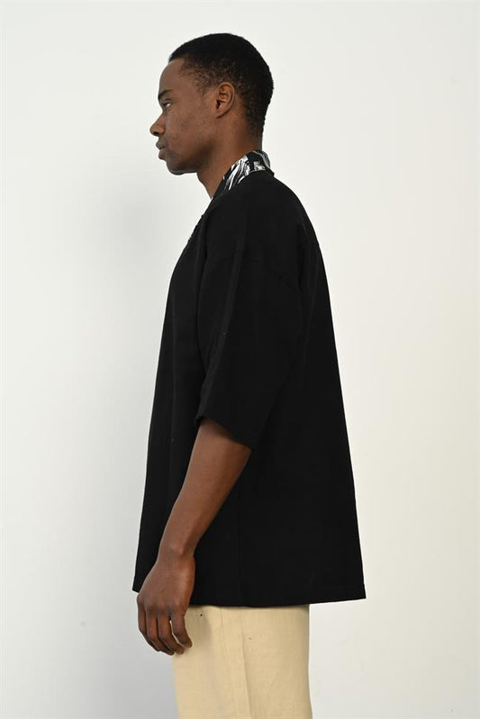 R-3953 Half-Placket Cotton-Linen Shirt with Contrast Trim Black