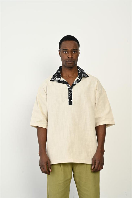 R-3953 Lightweight Cotton-Linen Shirt – Contrast Trim, Half-Placket