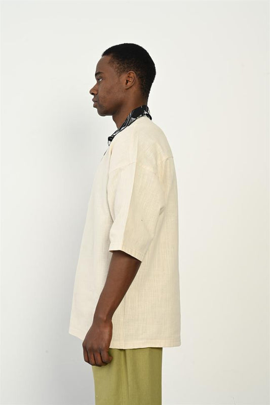 R-3953 Lightweight Cotton-Linen Shirt – Contrast Trim, Half-Placket