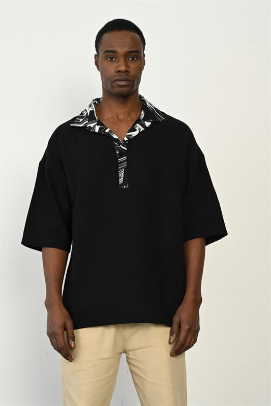 R-3953 Half-Placket Cotton-Linen Shirt with Contrast Trim Black