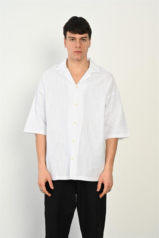 R-3954 R-3954 Button-Front Linen Shirt – 100% Cotton-Linen, Back Embroidery