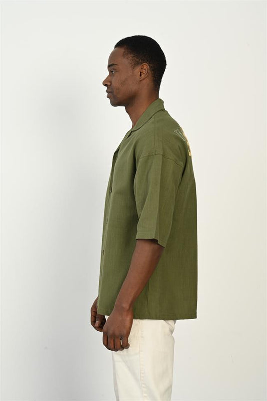 R-3954 Long-Sleeve Shirt – 100% Cotton-Linen, Back Script Embroidery