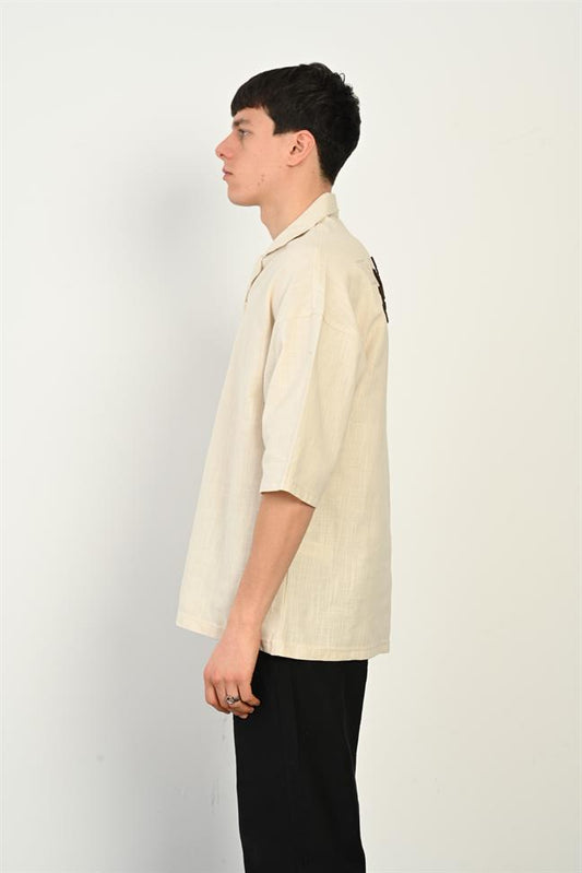 R-3954 Classic Cotton-Linen Shirt – Back “Imaginary” Embroidered Detail