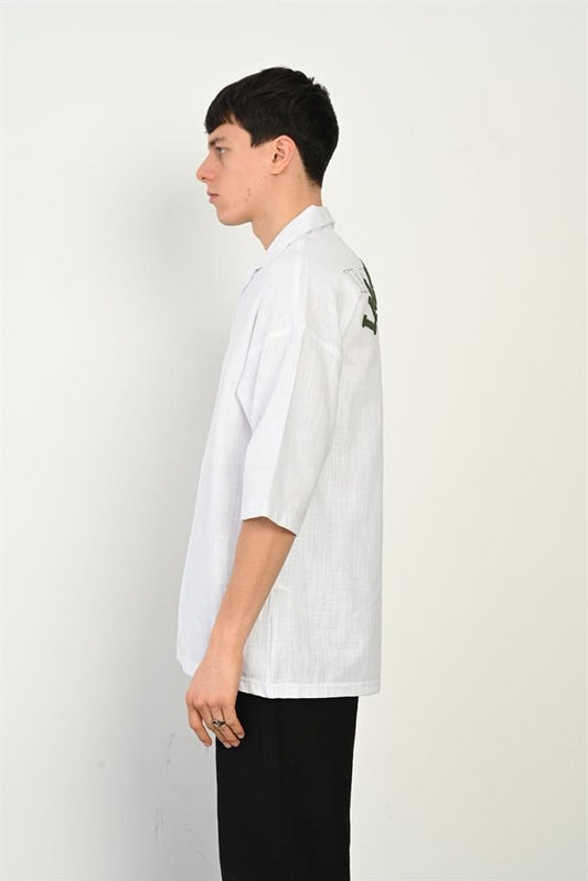 R-3954 R-3954 Button-Front Linen Shirt – 100% Cotton-Linen, Back Embroidery