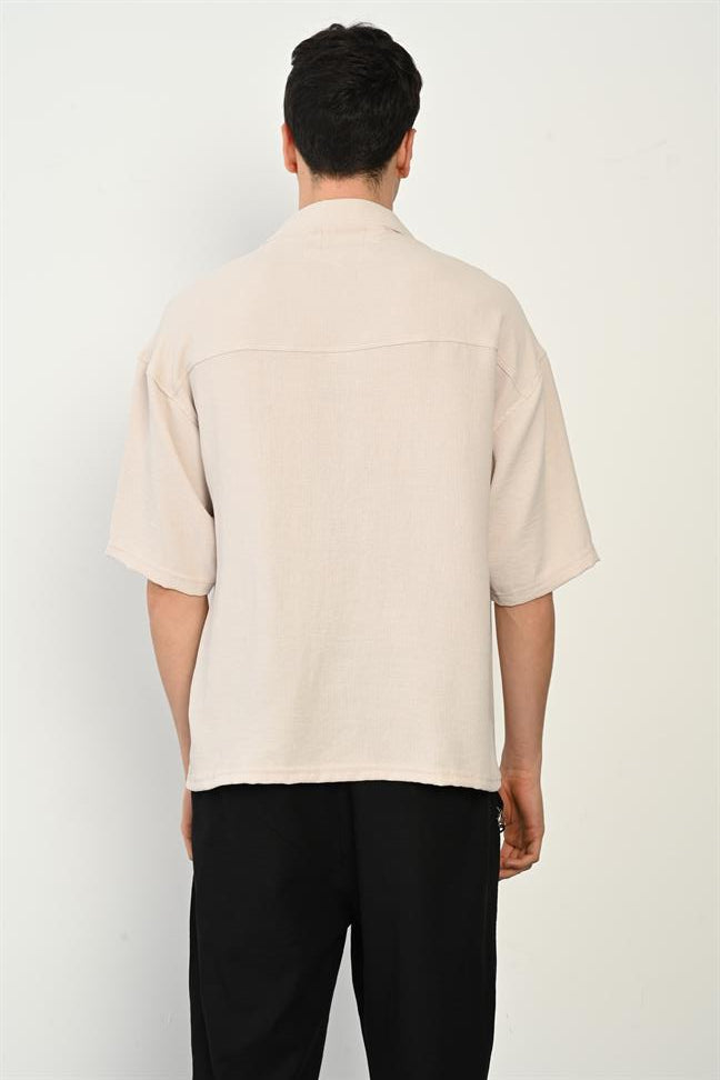 R-3960 Apach Collar Short Sleeve Shirt with Front Placket – Stone