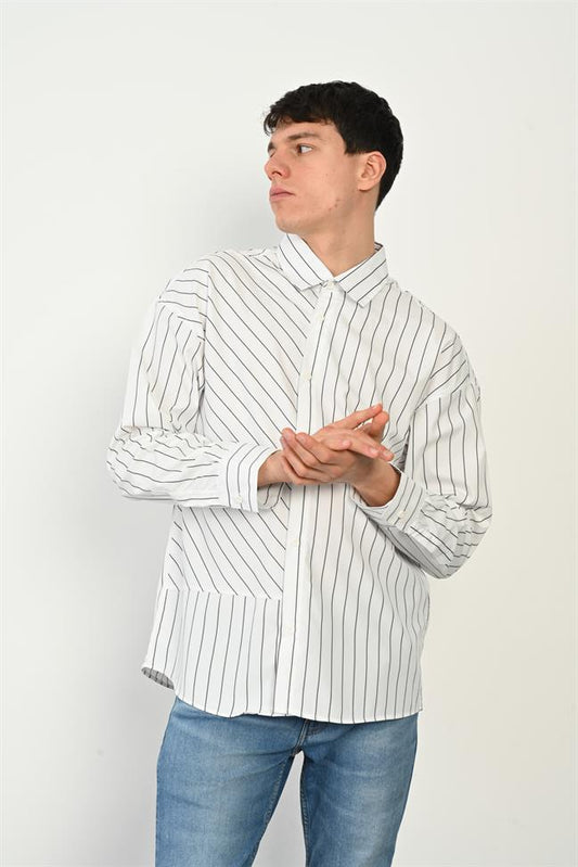 R-3962  Modern Striped Button-Front Shirt Stand Collar