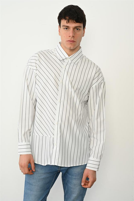 R-3962  Modern Striped Button-Front Shirt Stand Collar