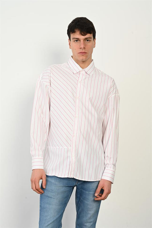 R-3962  Modern Striped Button-Front Shirt Stand Collar