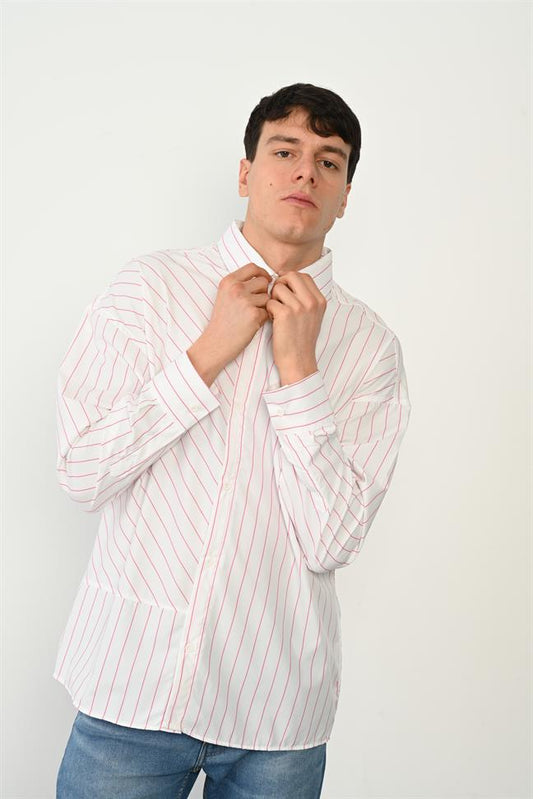 R-3962  Modern Striped Button-Front Shirt Stand Collar