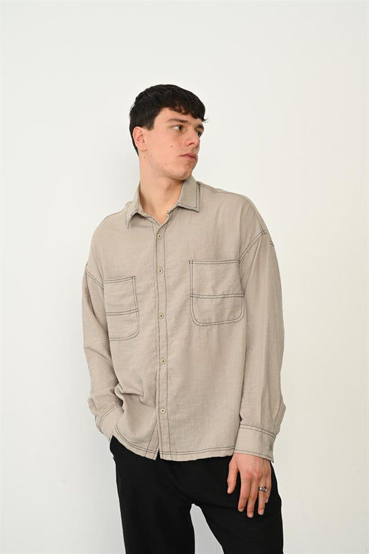 R-3965 Smart Long-Sleeve Polyester Shirt – Stand Collar, Twin Pockets