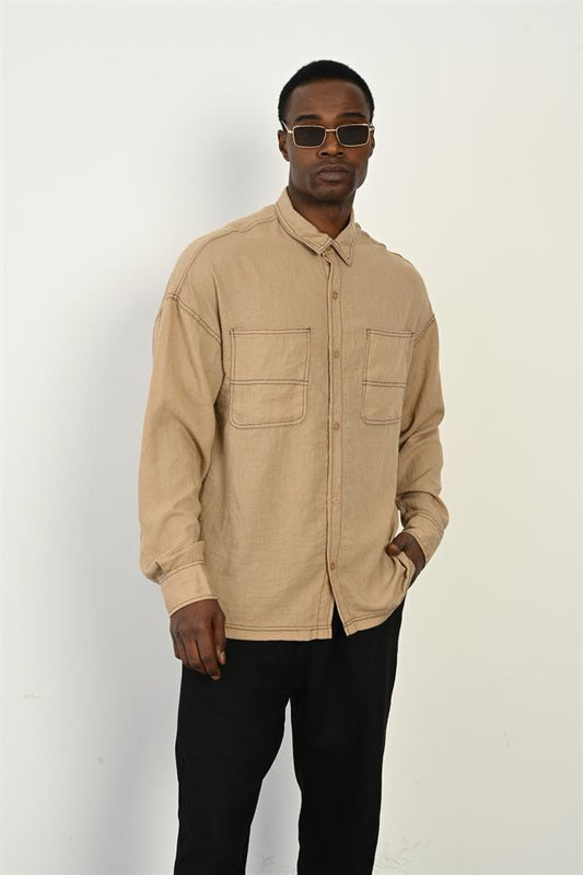 Smart Long-Sleeve Shirt – Stand Collar, Double Pockets R-3965