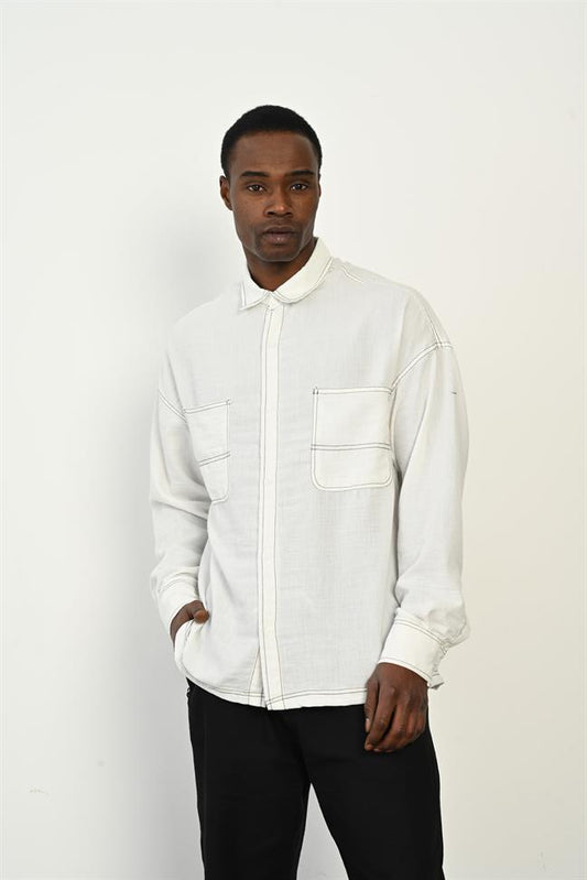 Smart Long-Sleeve Shirt – Stand Collar, Double Pockets R-3965