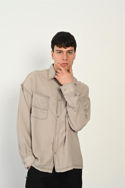 R-3965 Smart Long-Sleeve Polyester Shirt – Stand Collar, Twin Pockets