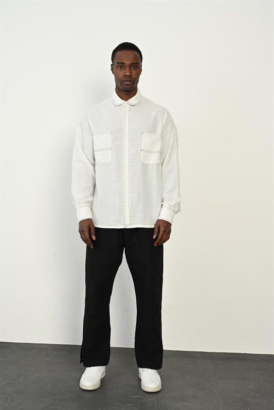 Smart Long-Sleeve Shirt – Stand Collar, Double Pockets R-3965