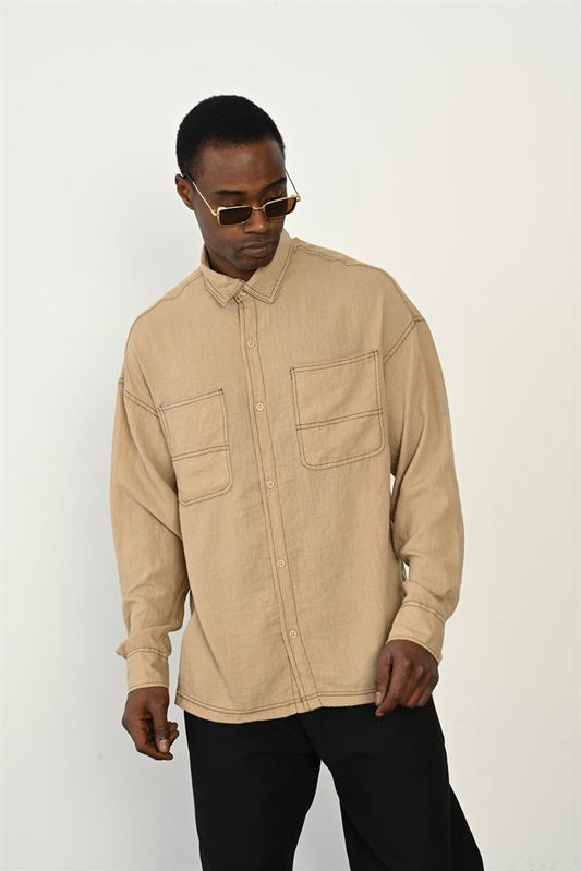 Smart Long-Sleeve Shirt – Stand Collar, Double Pockets R-3965