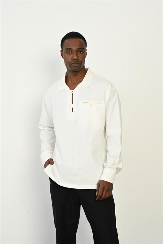R-3967 100% Cotton Woven Long-Sleeve Shirt – Single Pocket, Collar Detail