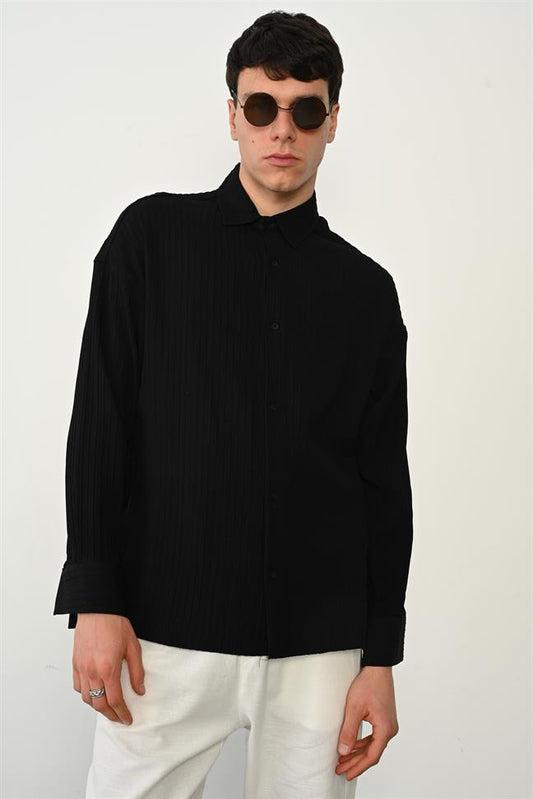 R-3975 Smart Long-Sleeve Jules Shirt – Band Collar, Viscose-Blend Stretch