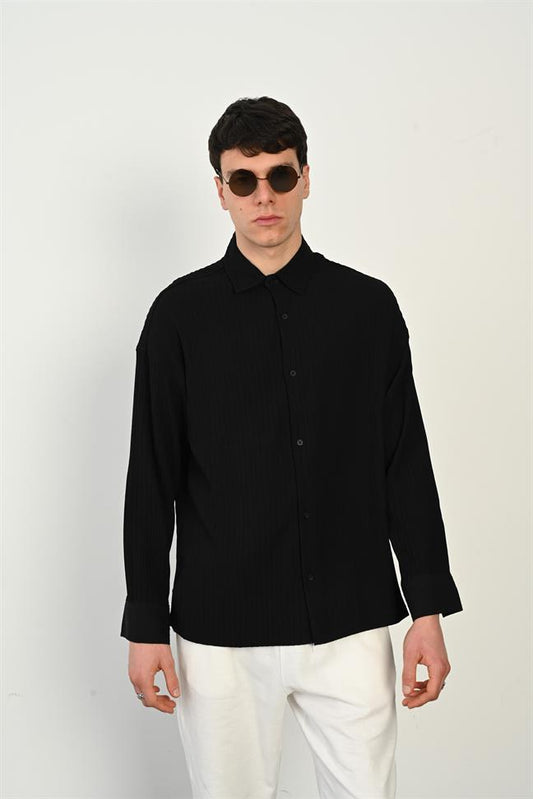 R-3975 Smart Long-Sleeve Jules Shirt – Band Collar, Viscose-Blend Stretch