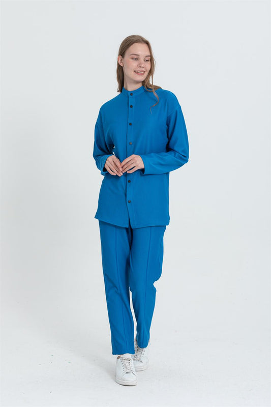 R-4332 Mandarin-Collar Shirt & Elastic-Waist Wide Pants Set — Ottoman Rib