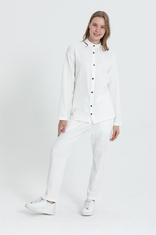 R-4332 Ottoman Rib Co-ord  Mandarin Collar Shirt & Wide Leg Pants