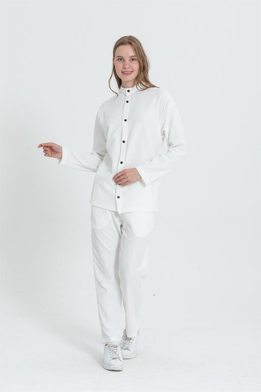 R-4332 Ottoman Rib Co-ord  Mandarin Collar Shirt & Wide Leg Pants