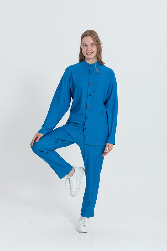 R-4332 Mandarin-Collar Shirt & Elastic-Waist Wide Pants Set — Ottoman Rib