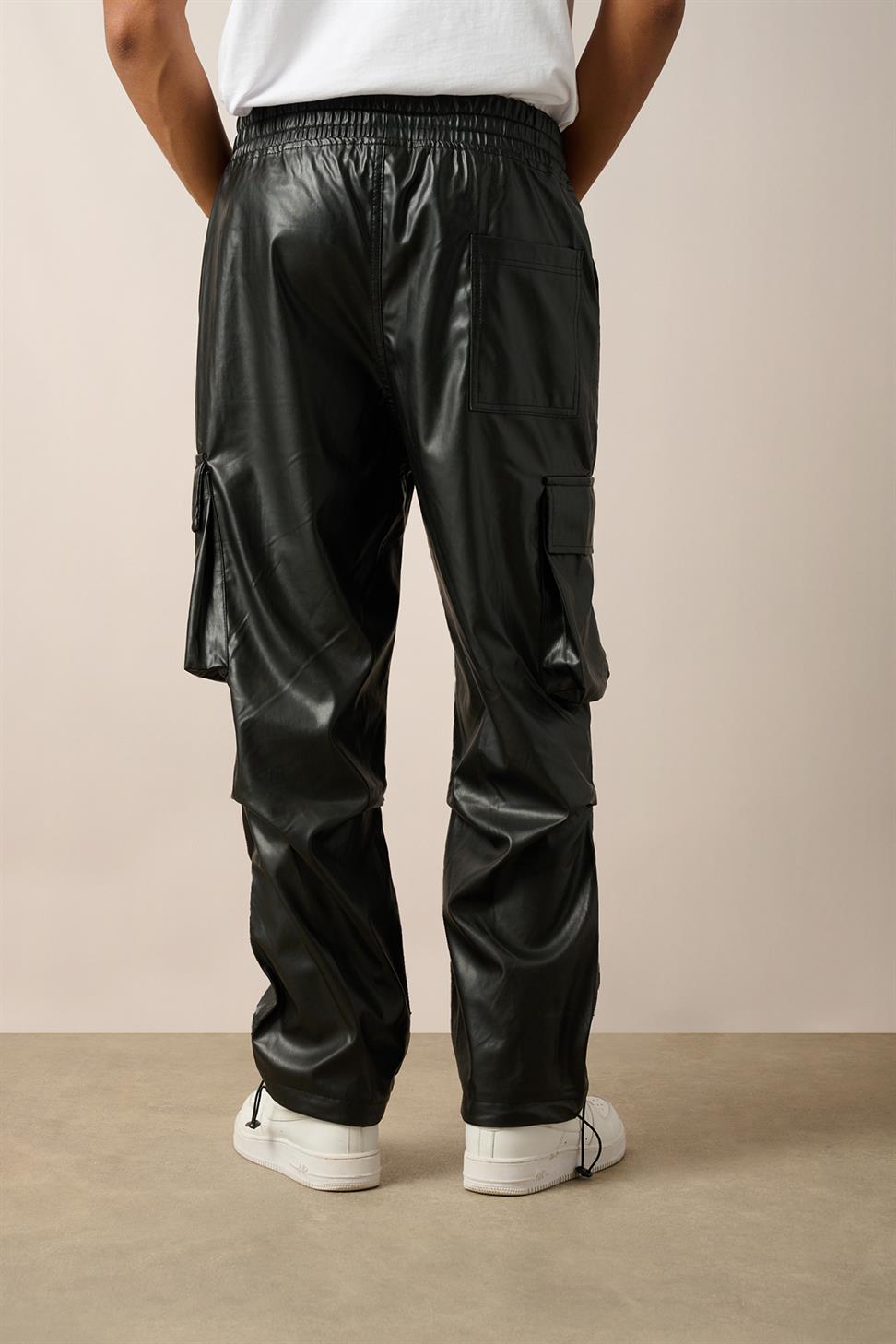R-4348 Men’s Cargo Pocket Knee Detail Leather Pants – Black