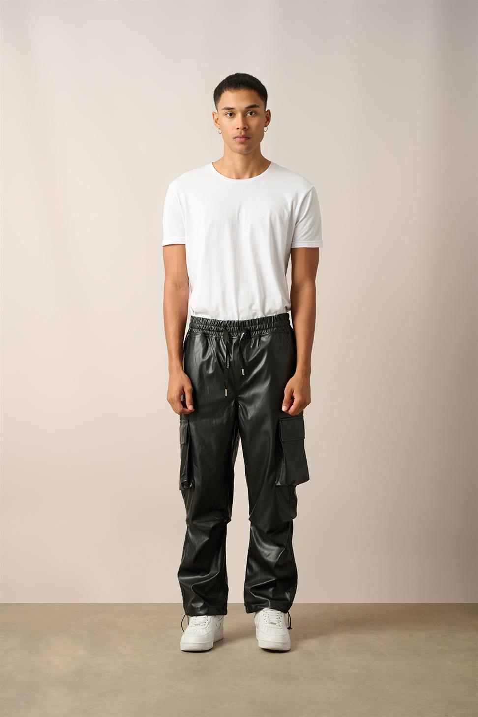 R-4348 Men’s Cargo Pocket Knee Detail Leather Pants – Black