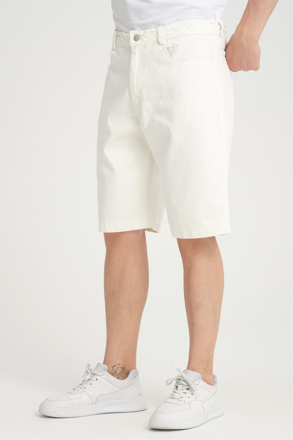 R-4387 Zippered Washed Denim Shorts – White