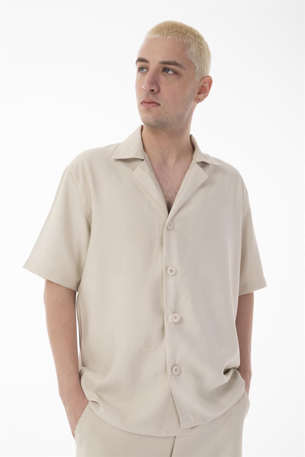 R-4422 R-4422 Men’s Short Sleeve Shirt & Zip-Up Trousers Set – Viscose Blend, Beige Two-Piece Outfit