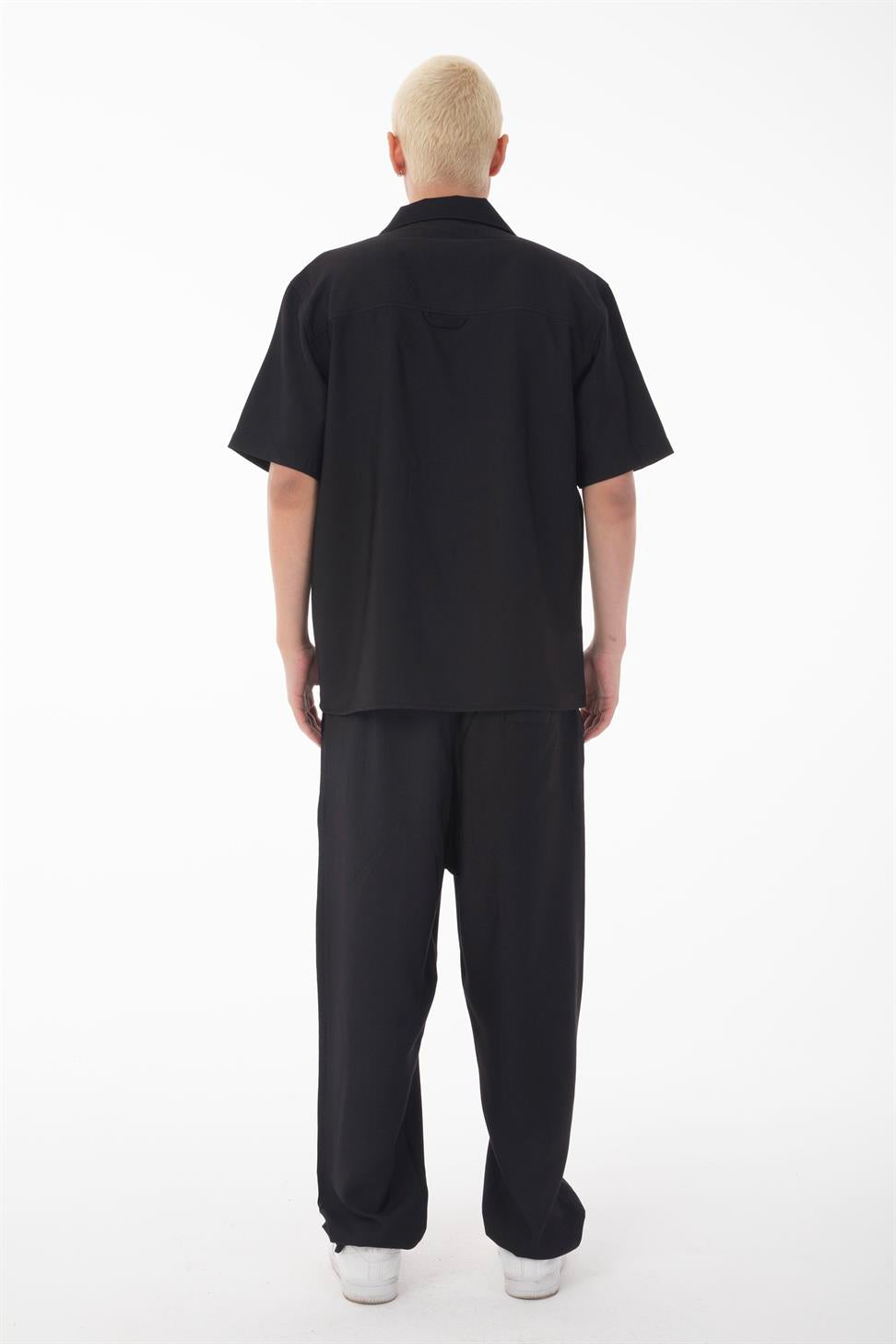 R-4422 R-4422 Men’s Short Sleeve Shirt & Zip-Up Trousers Set – Viscose Blend, Black Two-Piece Outfit