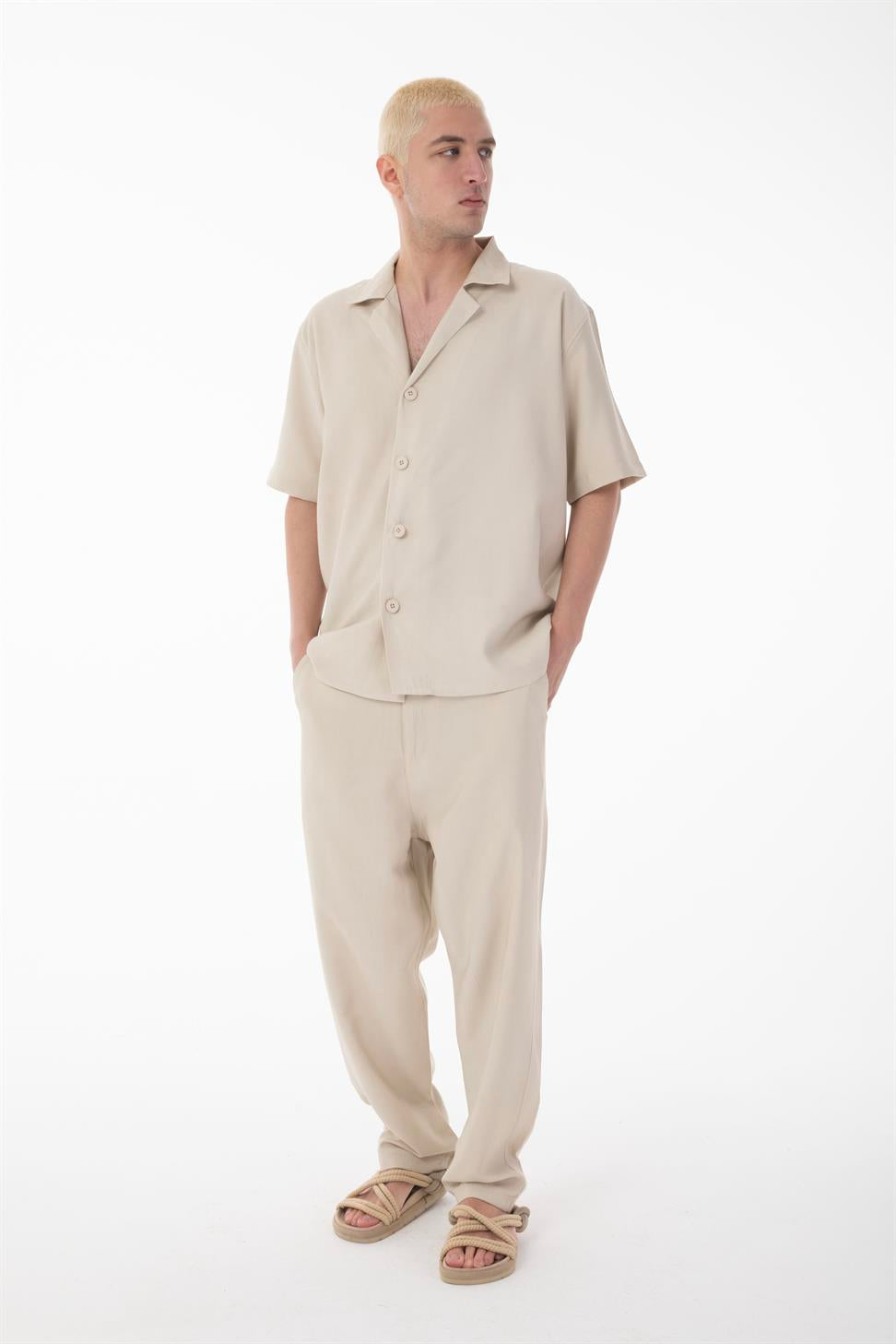 R-4422 R-4422 Men’s Short Sleeve Shirt & Zip-Up Trousers Set – Viscose Blend, Beige Two-Piece Outfit