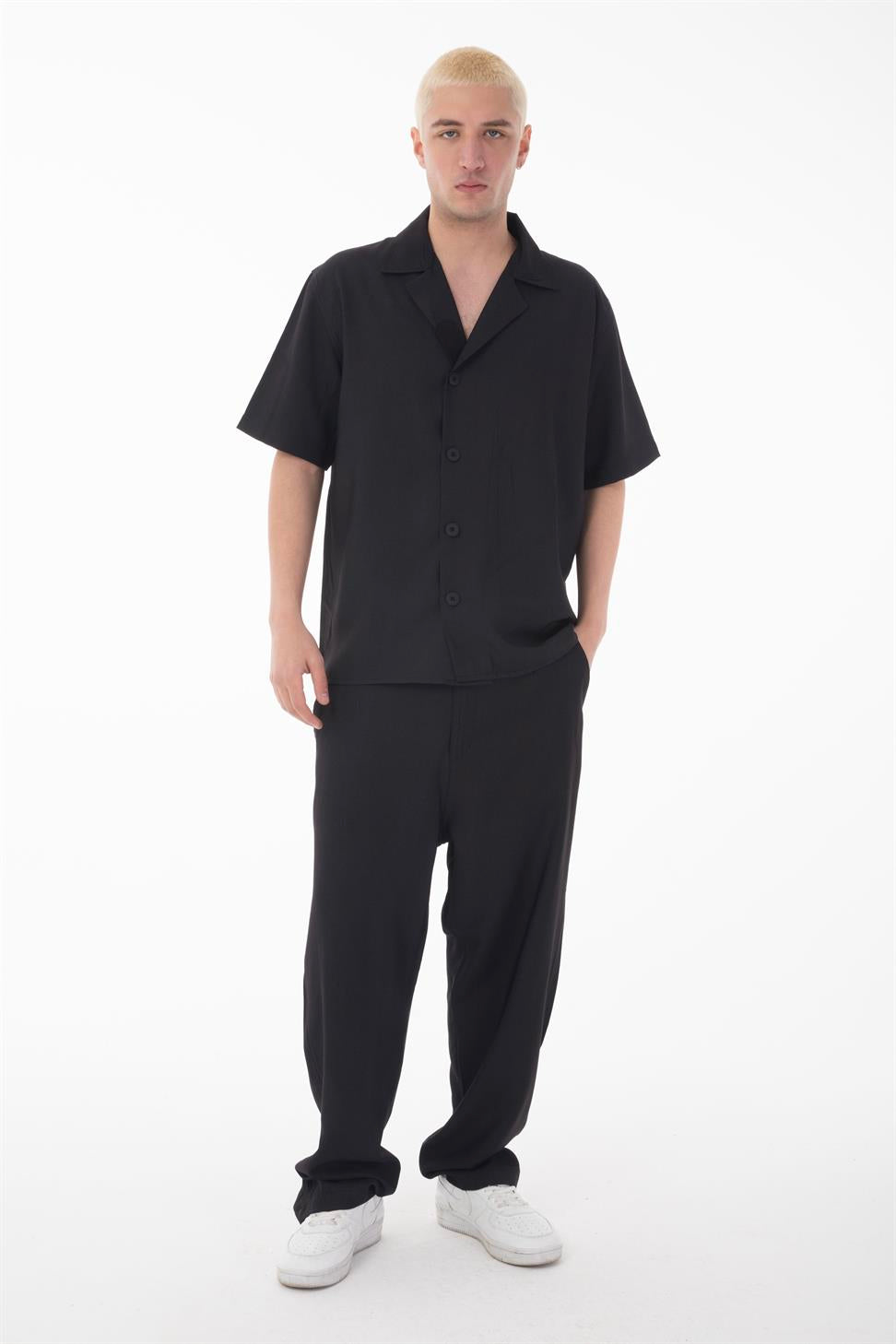 R-4422 R-4422 Men’s Short Sleeve Shirt & Zip-Up Trousers Set – Viscose Blend, Black Two-Piece Outfit