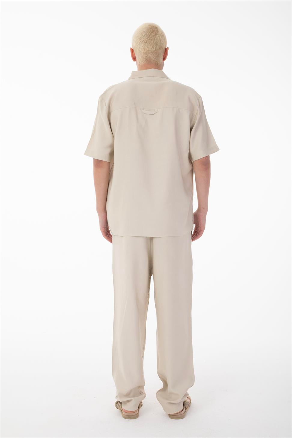 R-4422 R-4422 Men’s Short Sleeve Shirt & Zip-Up Trousers Set – Viscose Blend, Beige Two-Piece Outfit