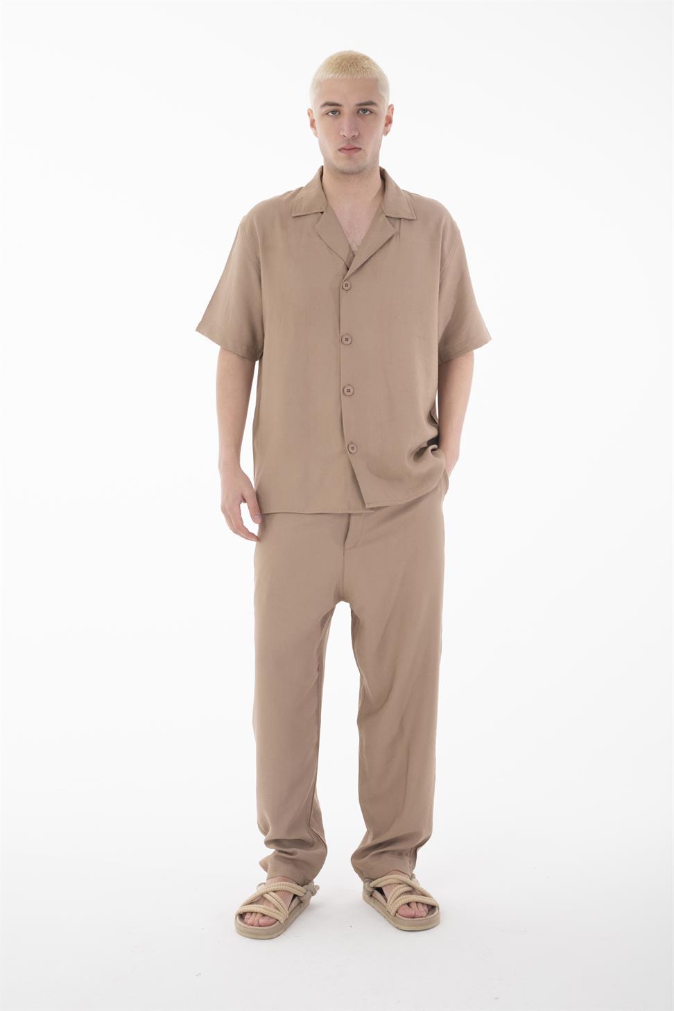 R-4422 R-4422 Men’s Short Sleeve Shirt & Zip-Up Trousers Set – Viscose Blend, Beige Two-Piece Outfit