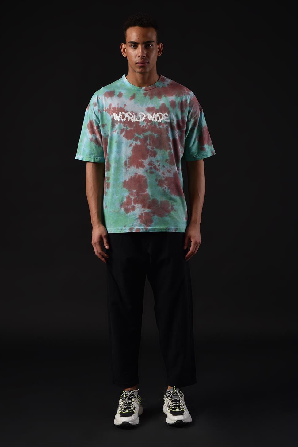 R-5650 Bisiklet Yaka Worldwide Baskılı Batik T-shırt