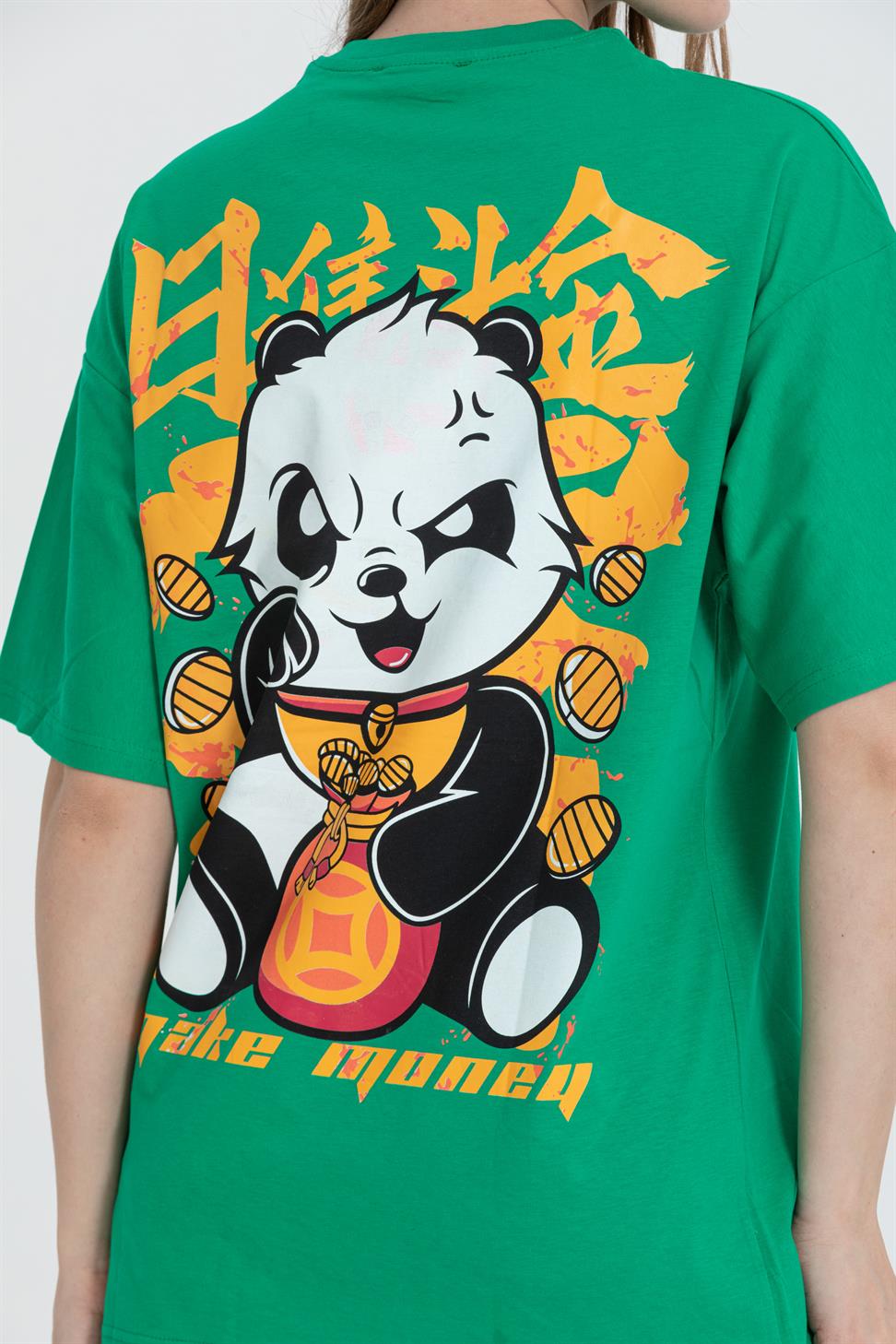 R-5724 Bisiklet Yaka Panda Baskılı Oversize T-shırt